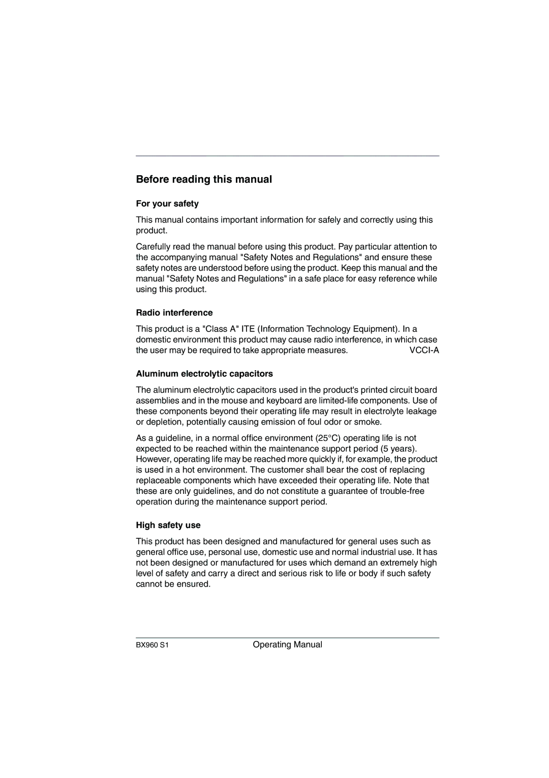 Fujitsu BX960 S1 manual For your safety, Radio interference, Aluminum electrolytic capacitors, High safety use 