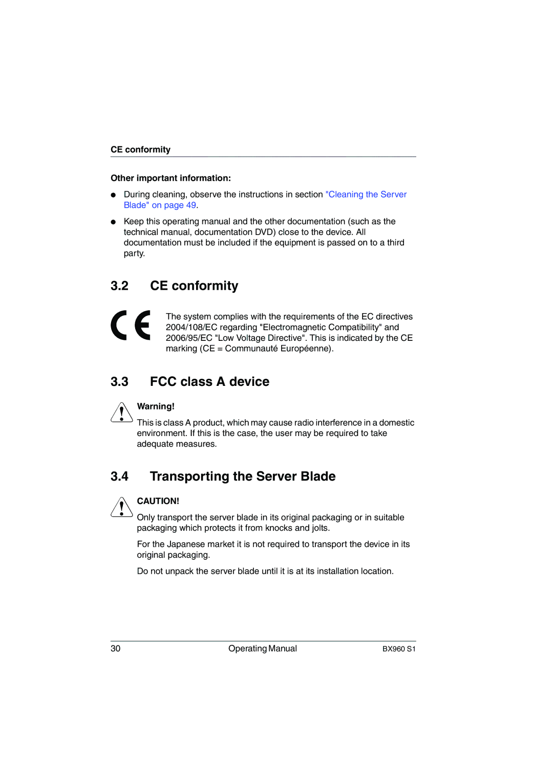 Fujitsu BX960 S1 manual CE conformity, FCC class a device, Transporting the Server Blade 