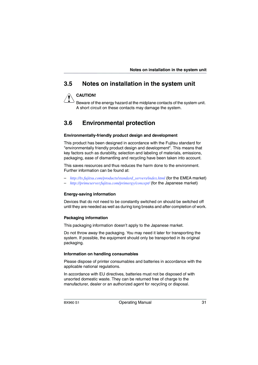 Fujitsu BX960 S1 Environmental protection, Environmentally-friendly product design and development, Packaging information 