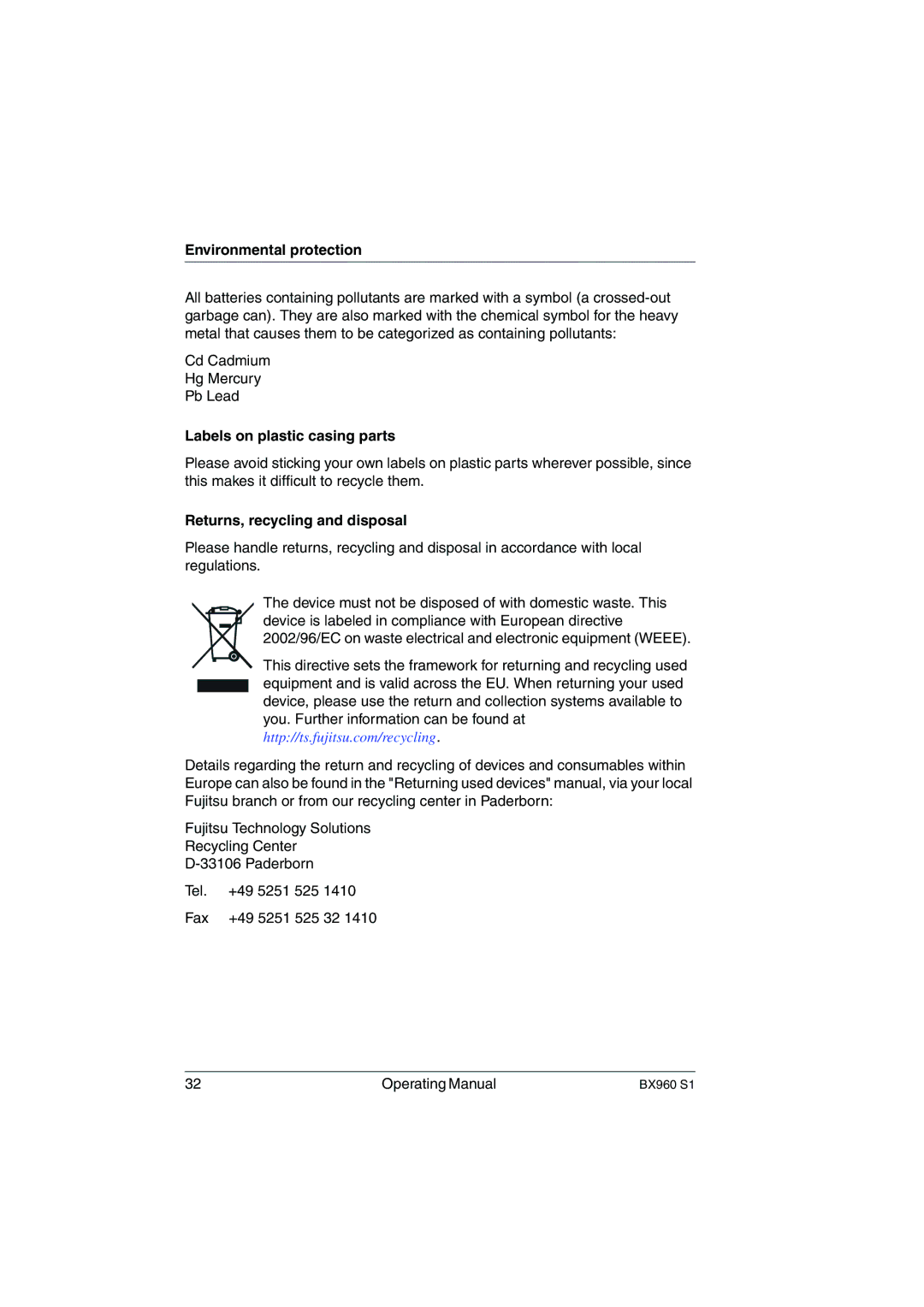 Fujitsu BX960 S1 manual Environmental protection, Labels on plastic casing parts, Returns, recycling and disposal 