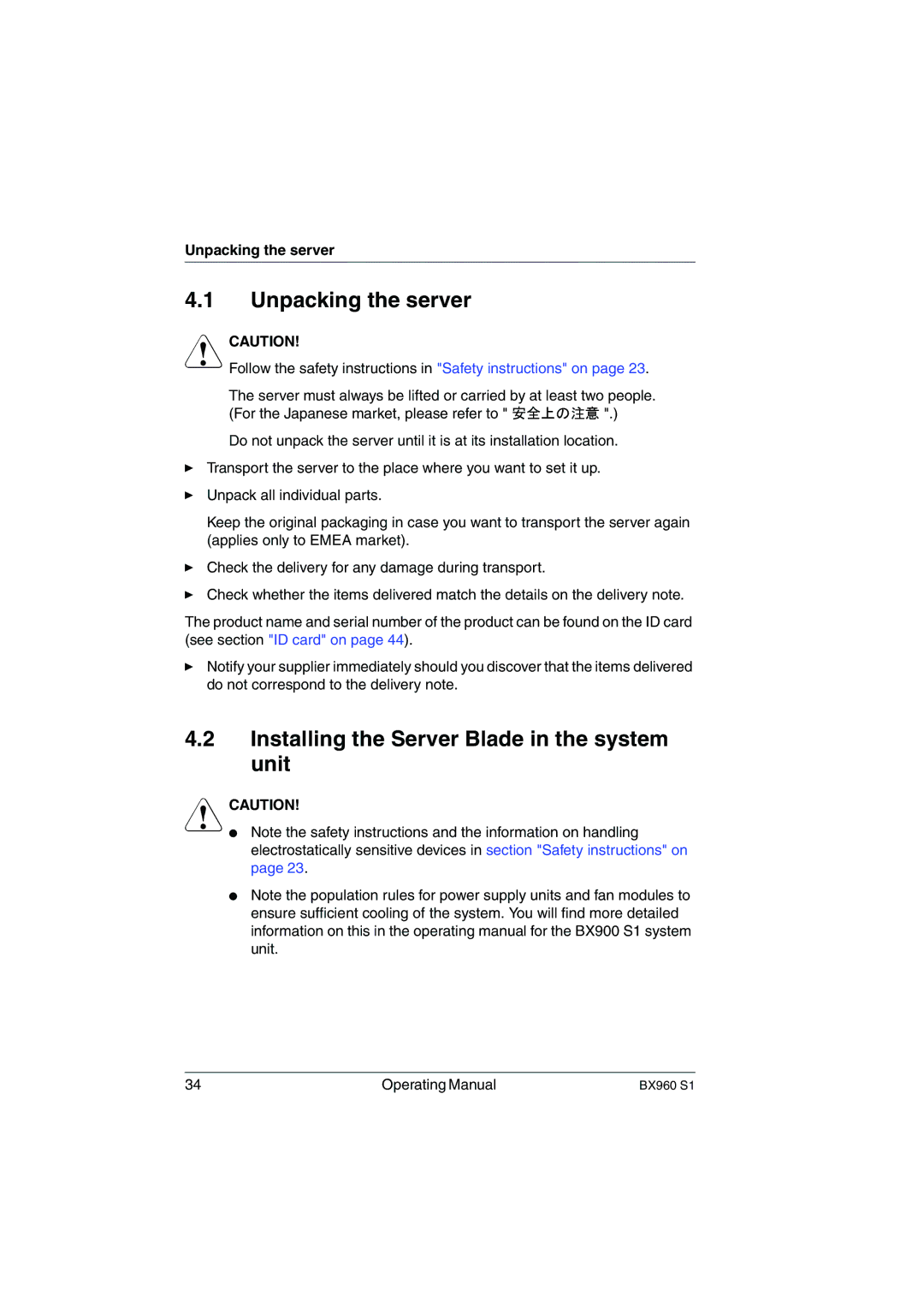 Fujitsu BX960 S1 manual Unpacking the server, Installing the Server Blade in the system unit 