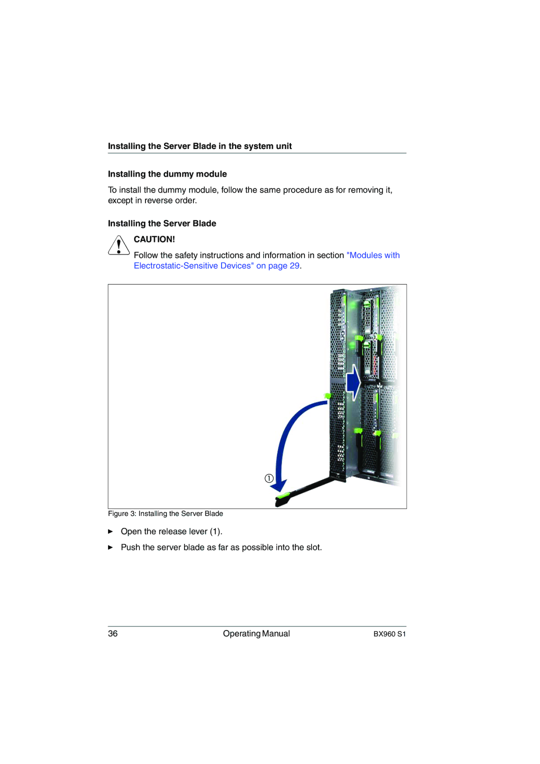 Fujitsu BX960 S1 manual Installing the Server Blade 