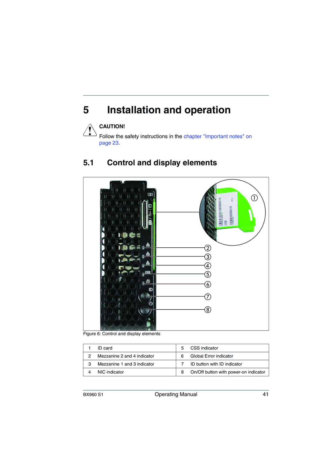 Fujitsu BX960 S1 manual Installation and operation, Control and display elements 