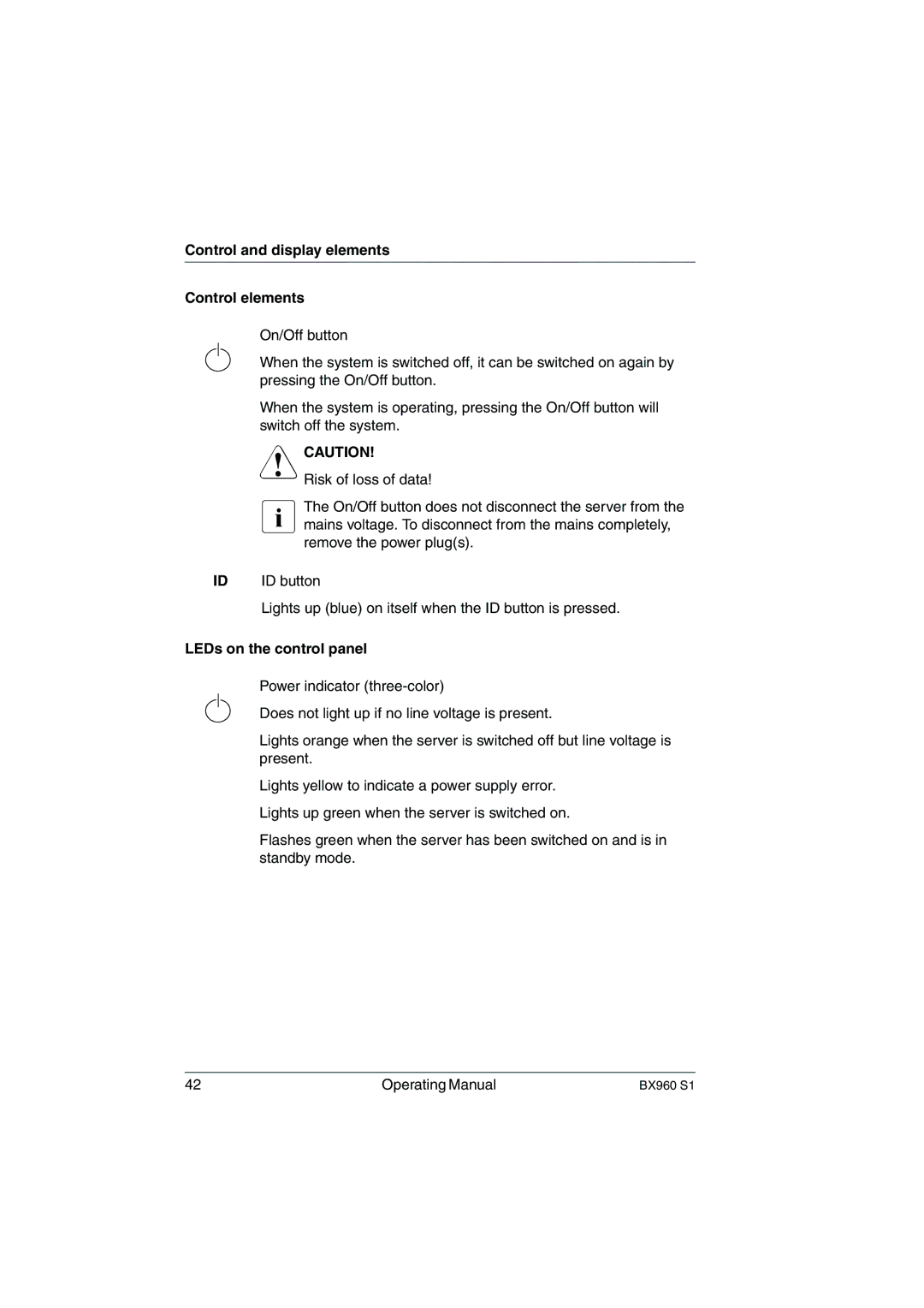 Fujitsu BX960 S1 manual Control and display elements Control elements, LEDs on the control panel 