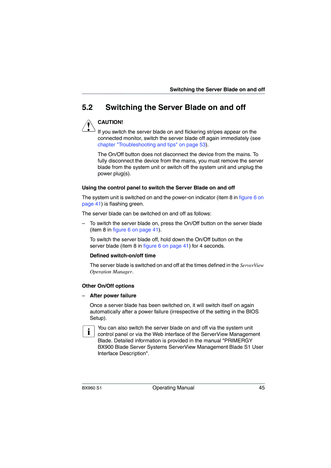 Fujitsu BX960 S1 manual Switching the Server Blade on and off, Defined switch-on/off time 