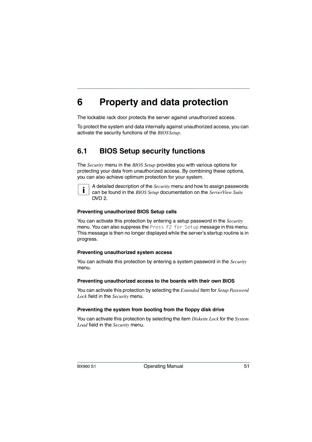 Fujitsu BX960 S1 Property and data protection, Bios Setup security functions, Preventing unauthorized Bios Setup calls 