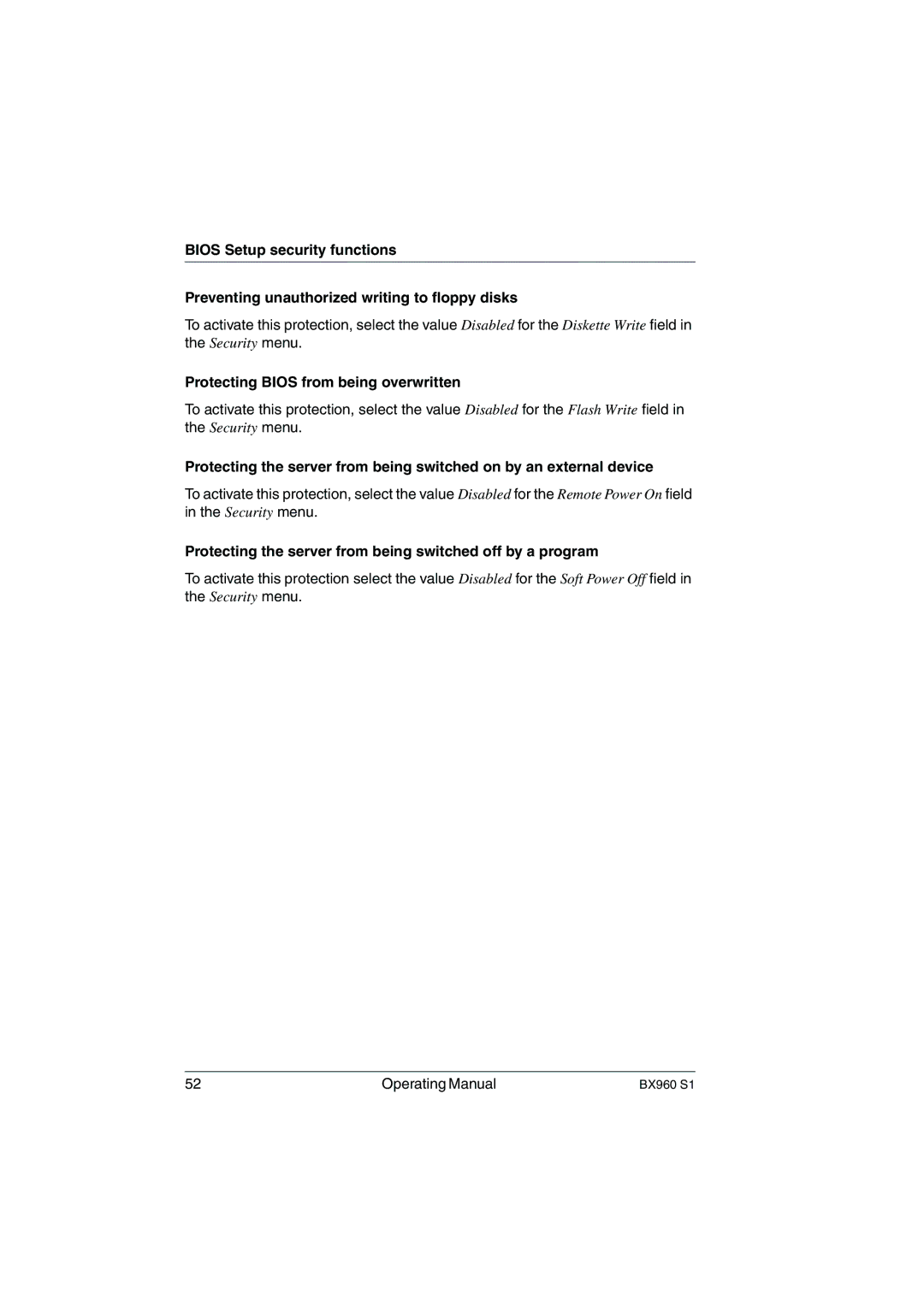 Fujitsu BX960 S1 manual Protecting Bios from being overwritten, Protecting the server from being switched off by a program 