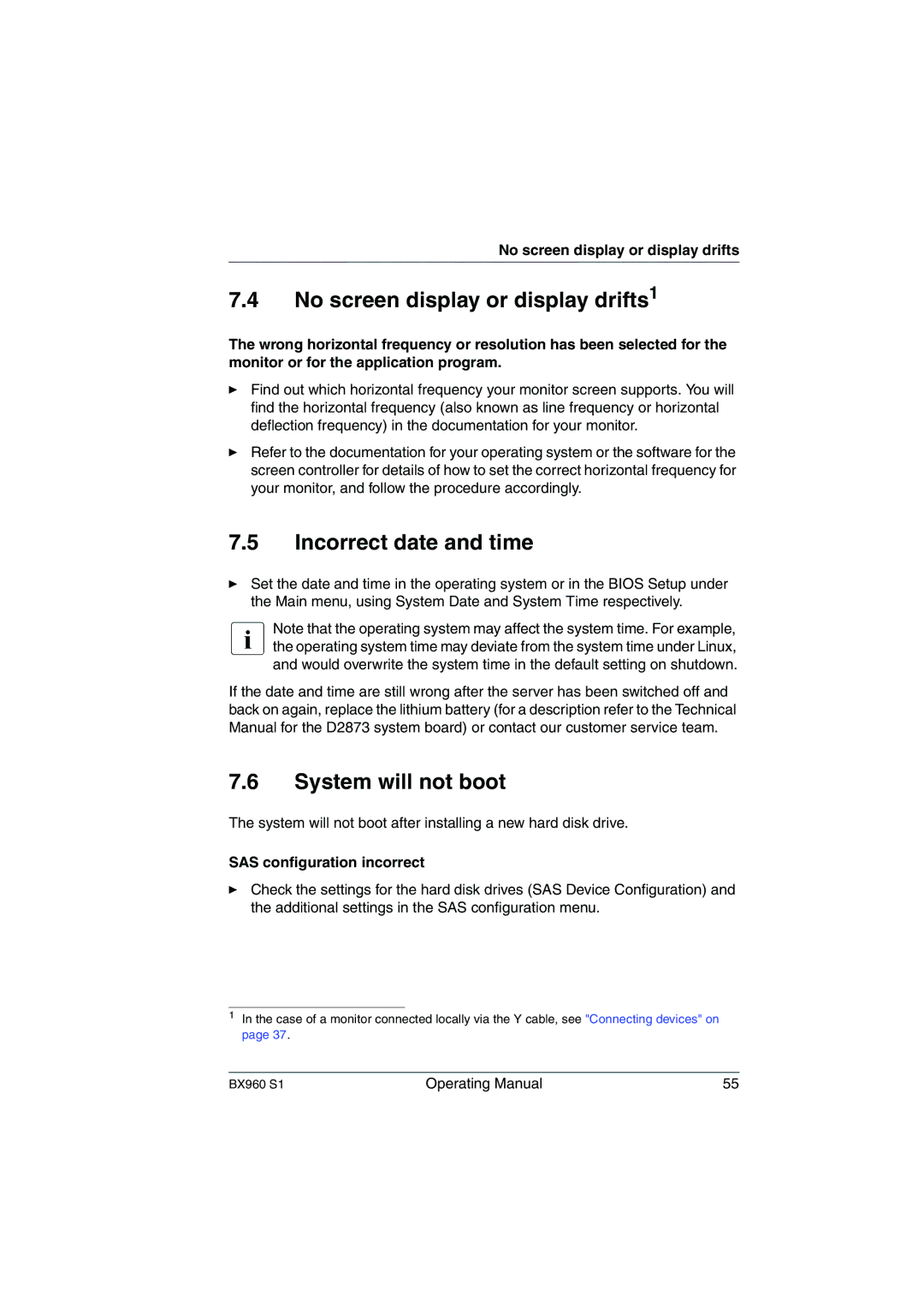 Fujitsu BX960 S1 manual No screen display or display drifts1, Incorrect date and time, System will not boot 