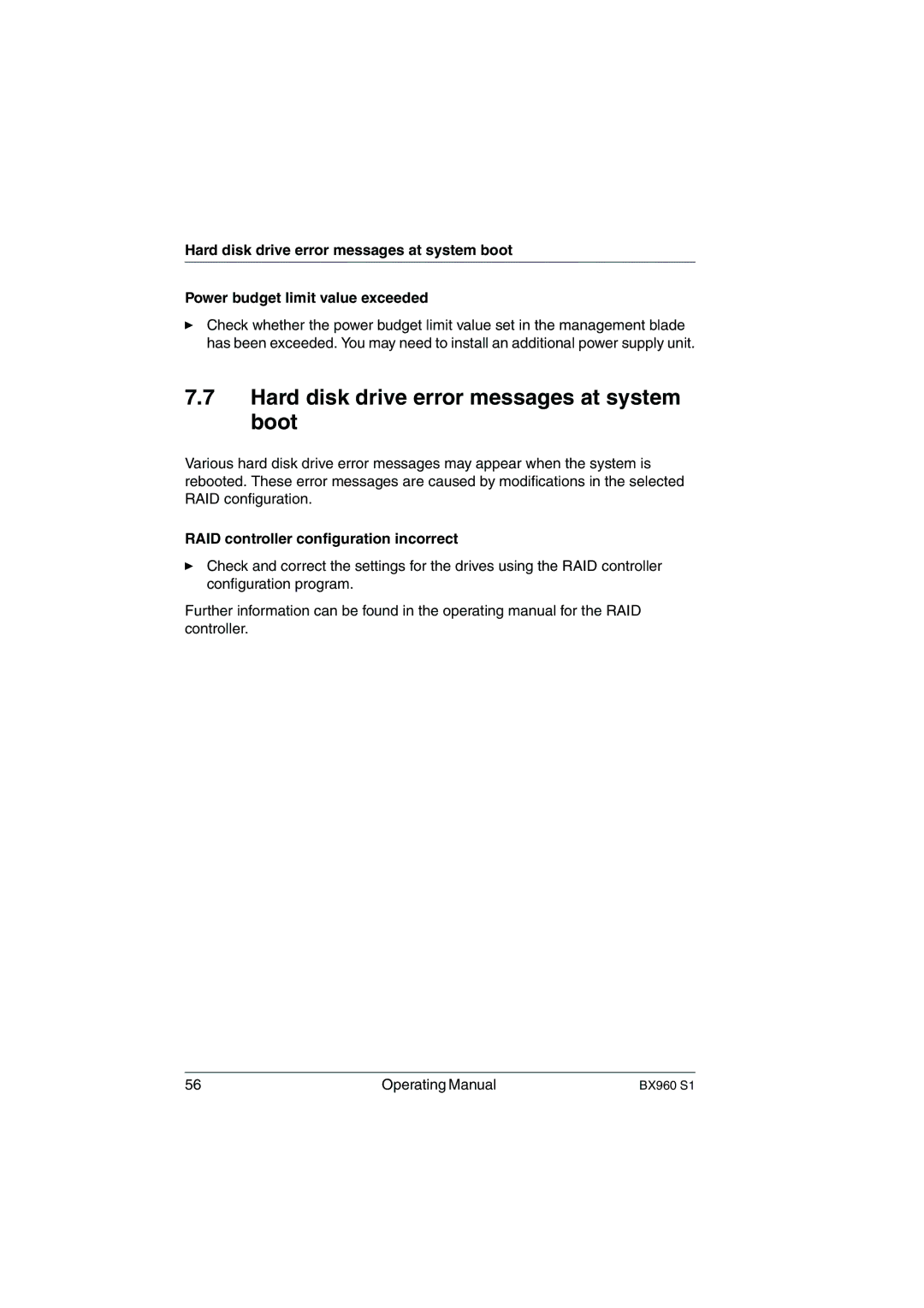 Fujitsu BX960 S1 manual Hard disk drive error messages at system boot, RAID controller configuration incorrect 