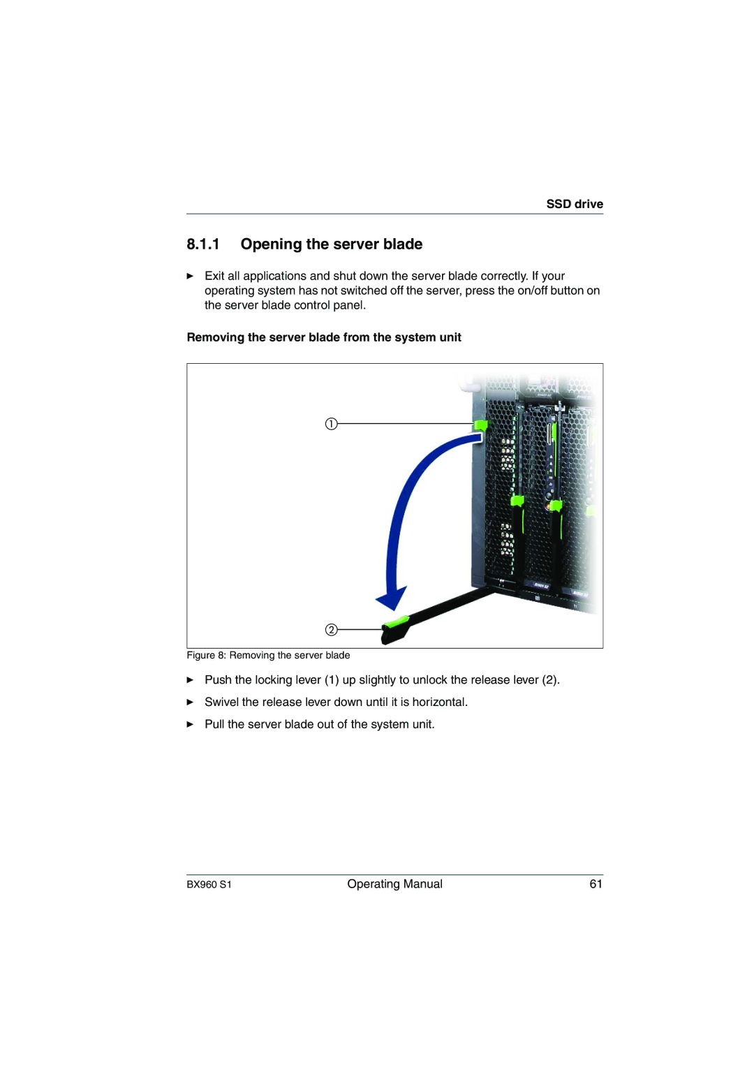 Fujitsu BX960 S1 manual Opening the server blade, Removing the server blade from the system unit 