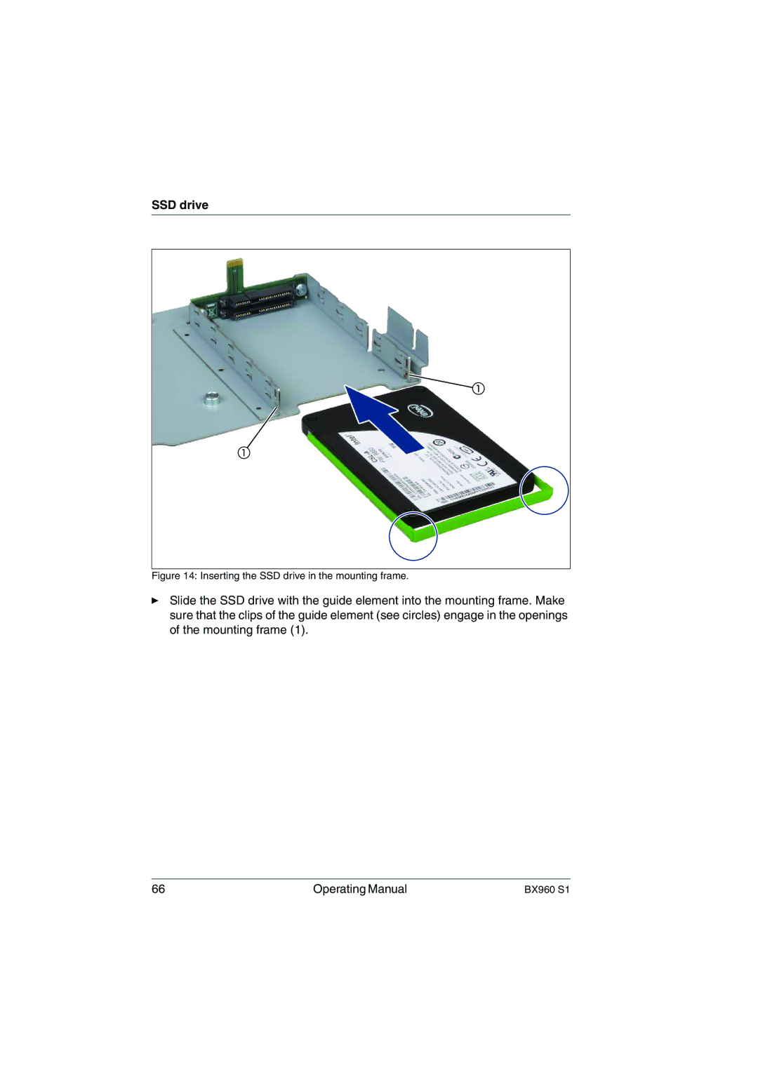 Fujitsu BX960 S1 manual Inserting the SSD drive in the mounting frame 