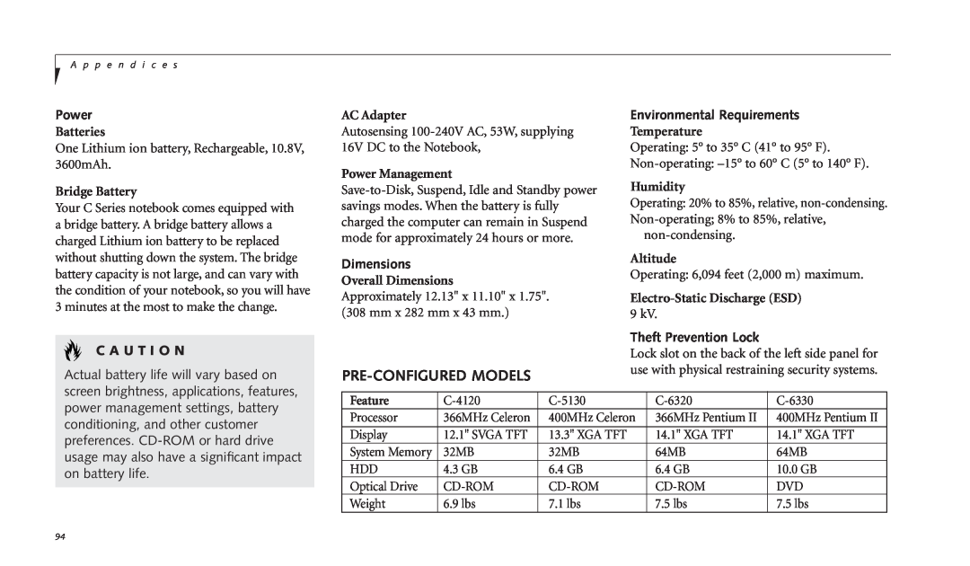 Fujitsu C-4120 Pre-Configured Models, Power, Dimensions, Environmental Requirements, Theft Prevention Lock, C A U T I O N 