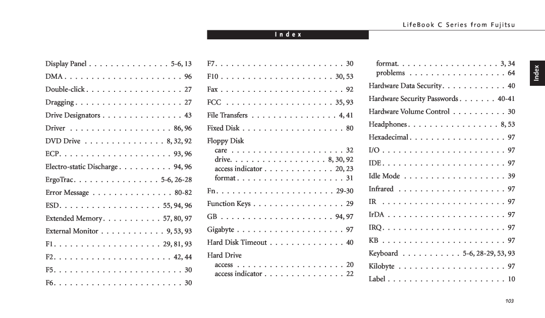 Fujitsu C-4120 manual I n d e, Hardware Security Passwords, Index 