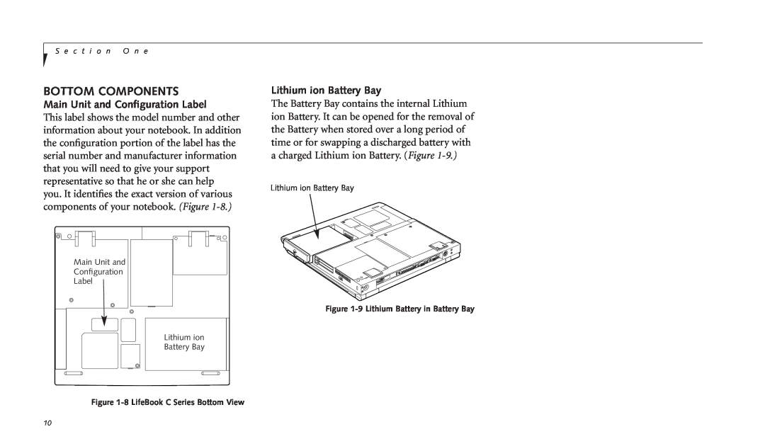 Fujitsu C-4120 manual Bottom Components, Main Unit and Conﬁguration Label, Lithium ion Battery Bay 