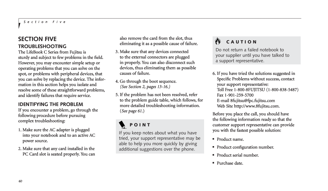 Fujitsu C-4120 manual Identifying The Problem, Section Five, Troubleshooting, P O I N T, C A U T I O N 
