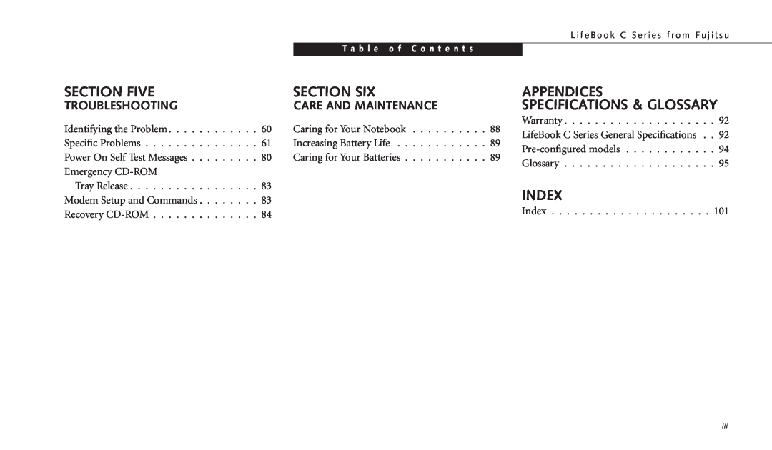 Fujitsu C-4120 manual Section Five, Section Six, Appendices Specifications & Glossary, Index, Troubleshooting 