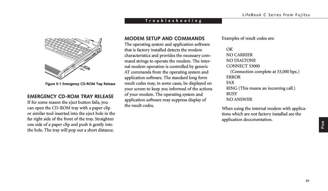 Fujitsu C-4120 manual Emergency Cd-Rom Tray Release, Modem Setup And Commands 