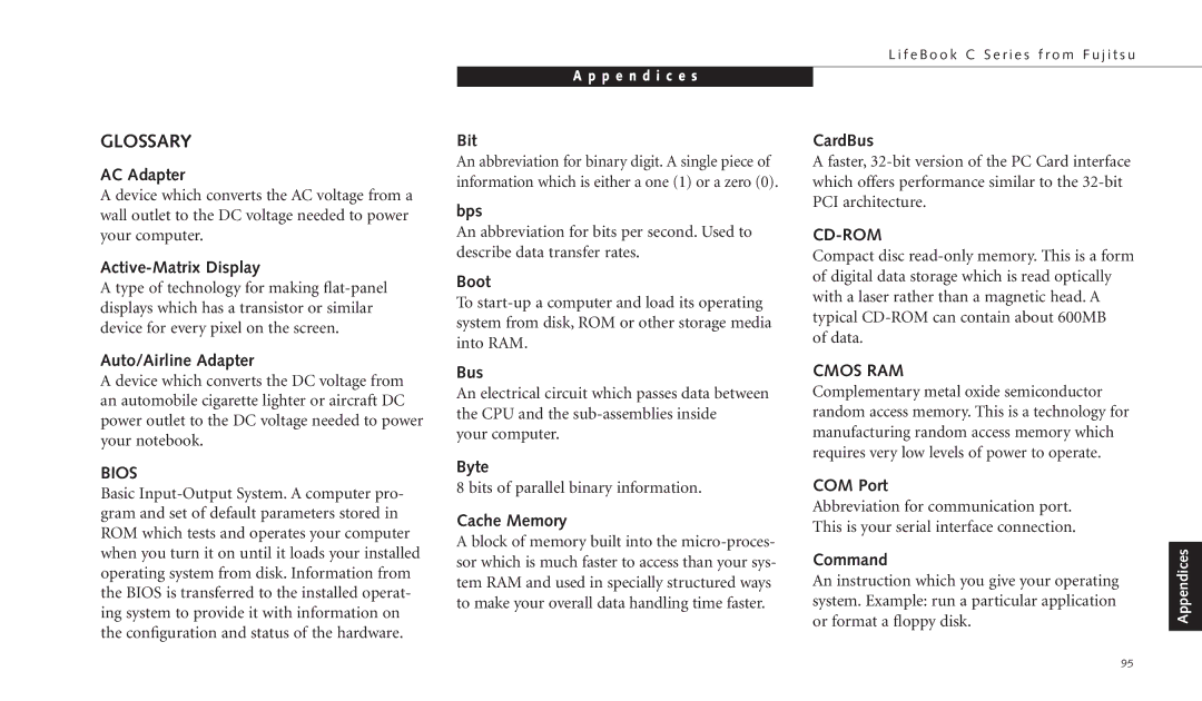 Fujitsu C-4120 manual Glossary, Bios, Cd-Rom, Cmos RAM 