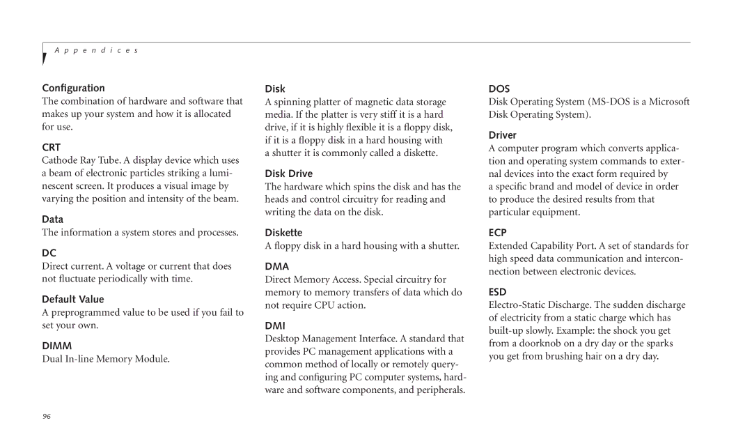 Fujitsu C-4120 manual Crt, Dimm, Dma, Dmi, Dos, Ecp, Esd 