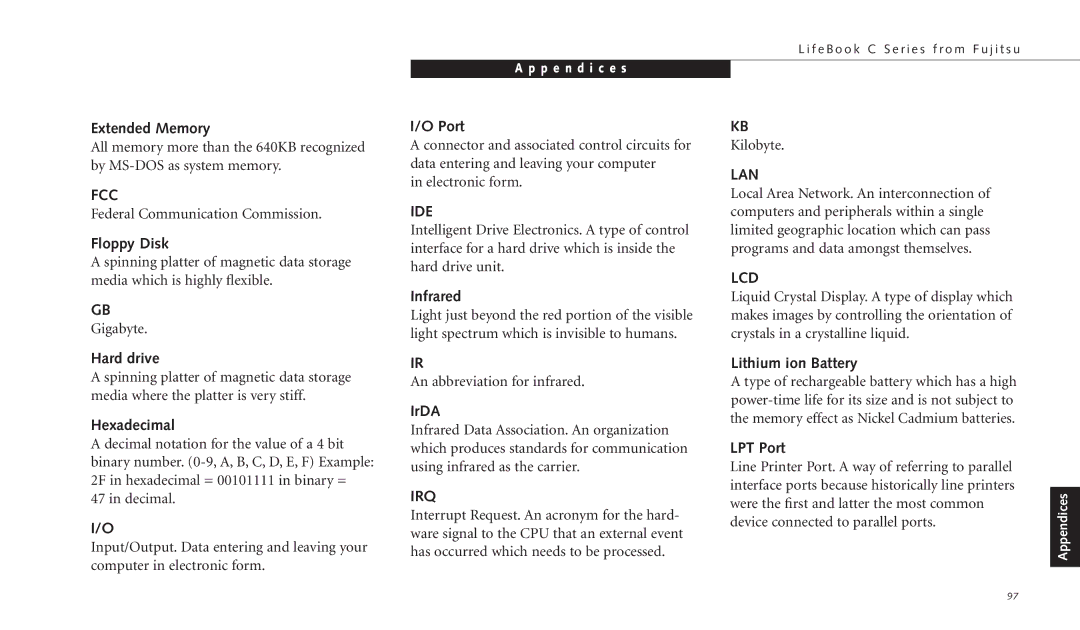 Fujitsu C-4120 manual Fcc, Ide, Irq, Lan, Lcd 