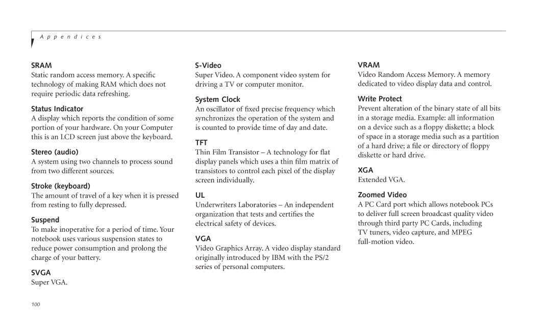 Fujitsu C-4120 manual Sram, Svga, Tft, Vga, Vram, Xga 