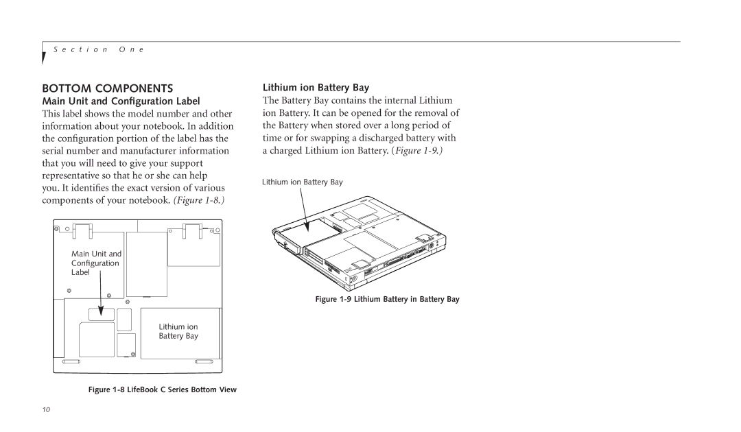 Fujitsu C-4120 manual Bottom Components, Main Unit and Conﬁguration Label, Lithium ion Battery Bay 