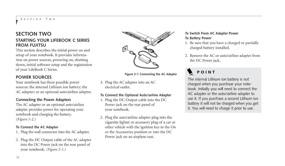 Fujitsu C-4120 manual Power Sources, Connecting the Power Adapters 