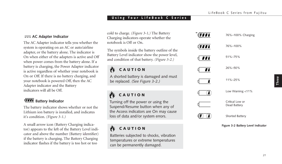 Fujitsu C-4120 manual AC Adapter Indicator, Battery Indicator 