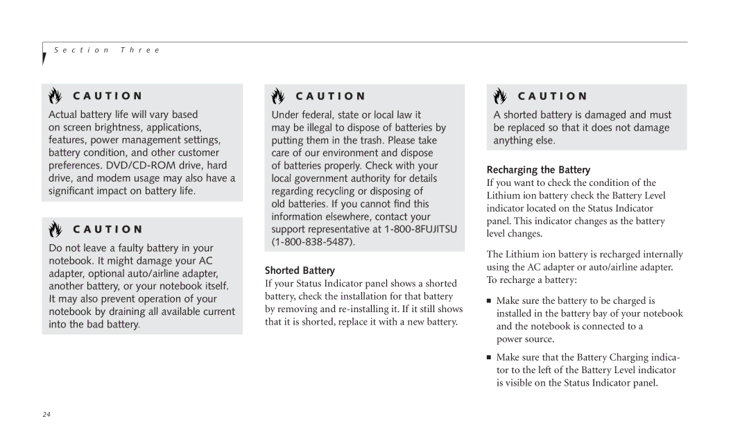 Fujitsu C-4120 manual Shorted Battery, Recharging the Battery 