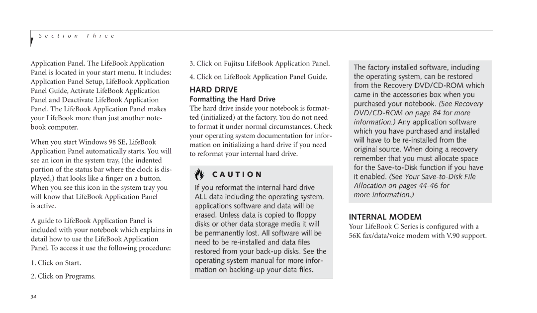 Fujitsu C-4120 manual Internal Modem, Formatting the Hard Drive 