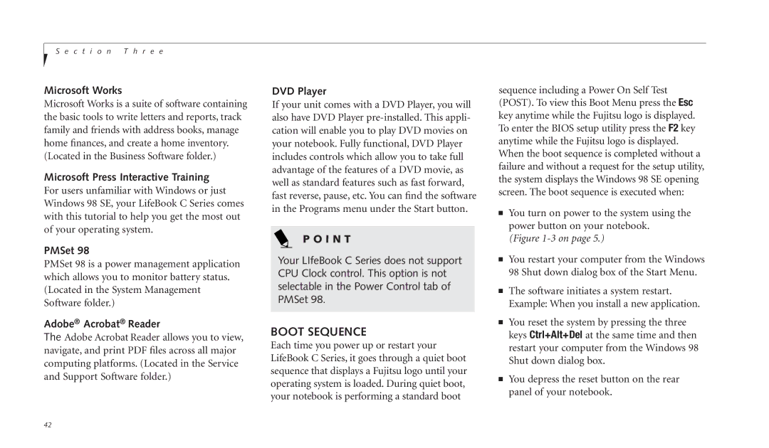 Fujitsu C-4120 manual Boot Sequence, Microsoft Works, Microsoft Press Interactive Training, PMSet 