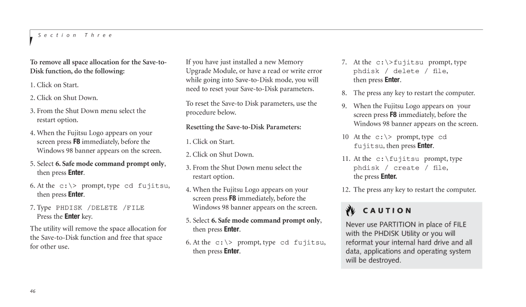 Fujitsu C-4120 manual Resetting the Save-to-Disk Parameters, U T I O N 