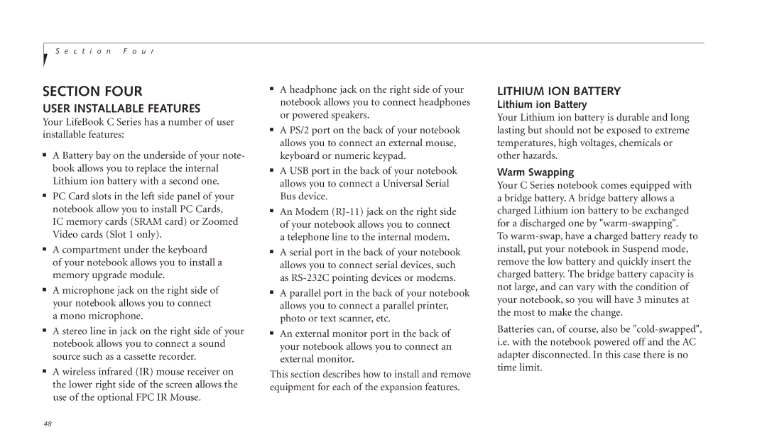 Fujitsu C-4120 manual Lithium ION Battery, Lithium ion Battery, Warm Swapping 