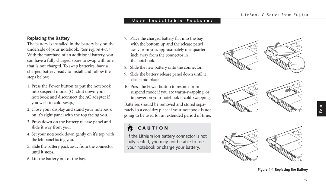 Fujitsu C-4120 manual Replacing the Battery 