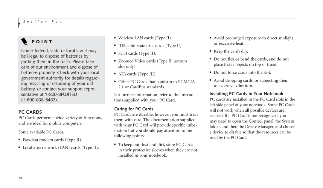 Fujitsu C-4120 manual Caring for PC Cards, Installing PC Cards in Your Notebook 