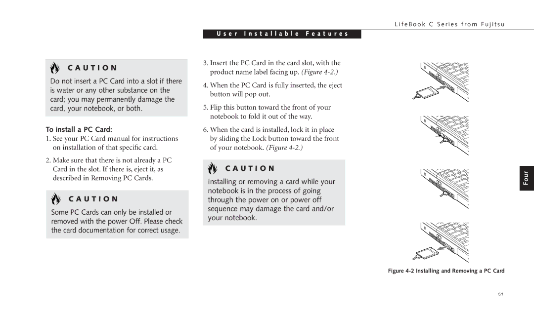 Fujitsu C-4120 manual To install a PC Card, Installing and Removing a PC Card 