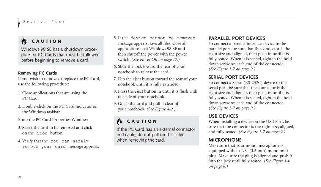 Fujitsu C-4120 manual Parallel Port Devices, Serial Port Devices, USB Devices, Microphone, Removing PC Cards 