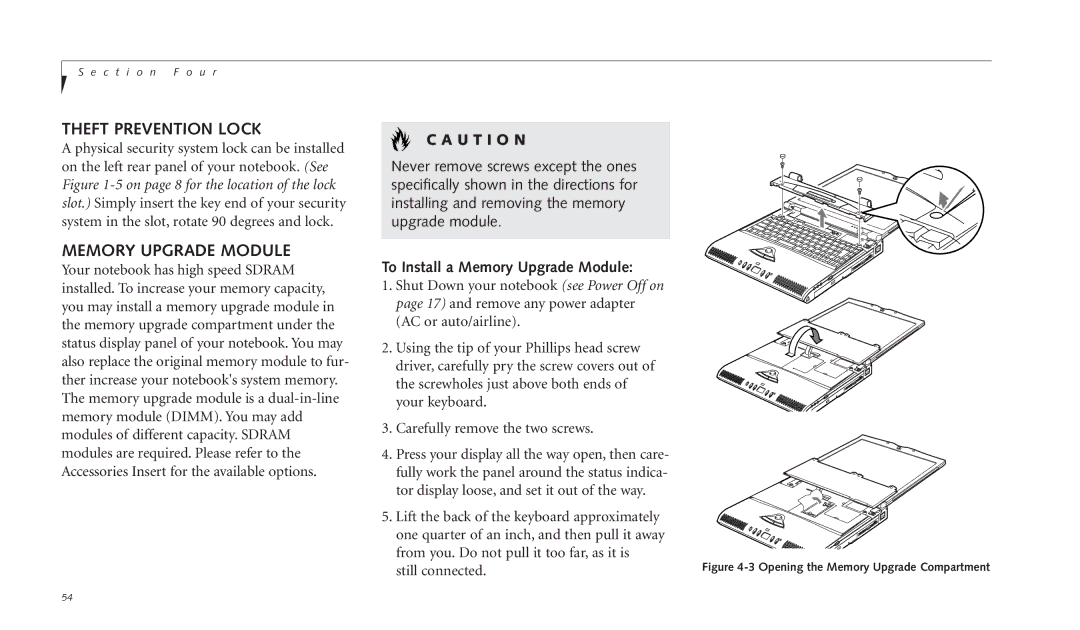 Fujitsu C-4120 manual Theft Prevention Lock, To Install a Memory Upgrade Module 