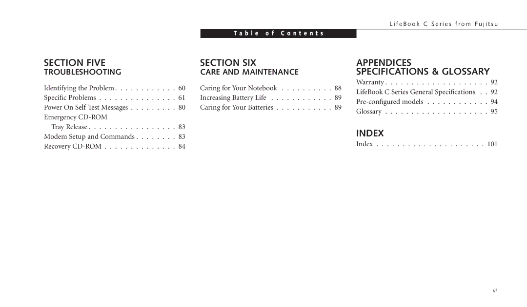 Fujitsu C-4120 manual Section Five Section SIX, Troubleshooting Care and Maintenance 