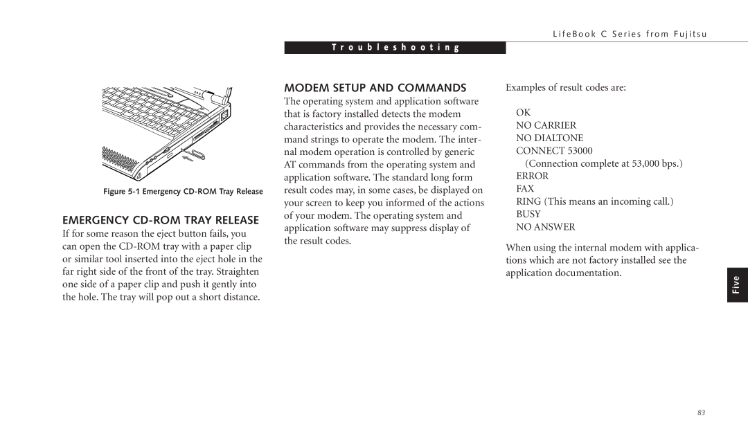 Fujitsu C-4120 manual Emergency CD-ROM Tray Release, Modem Setup and Commands 
