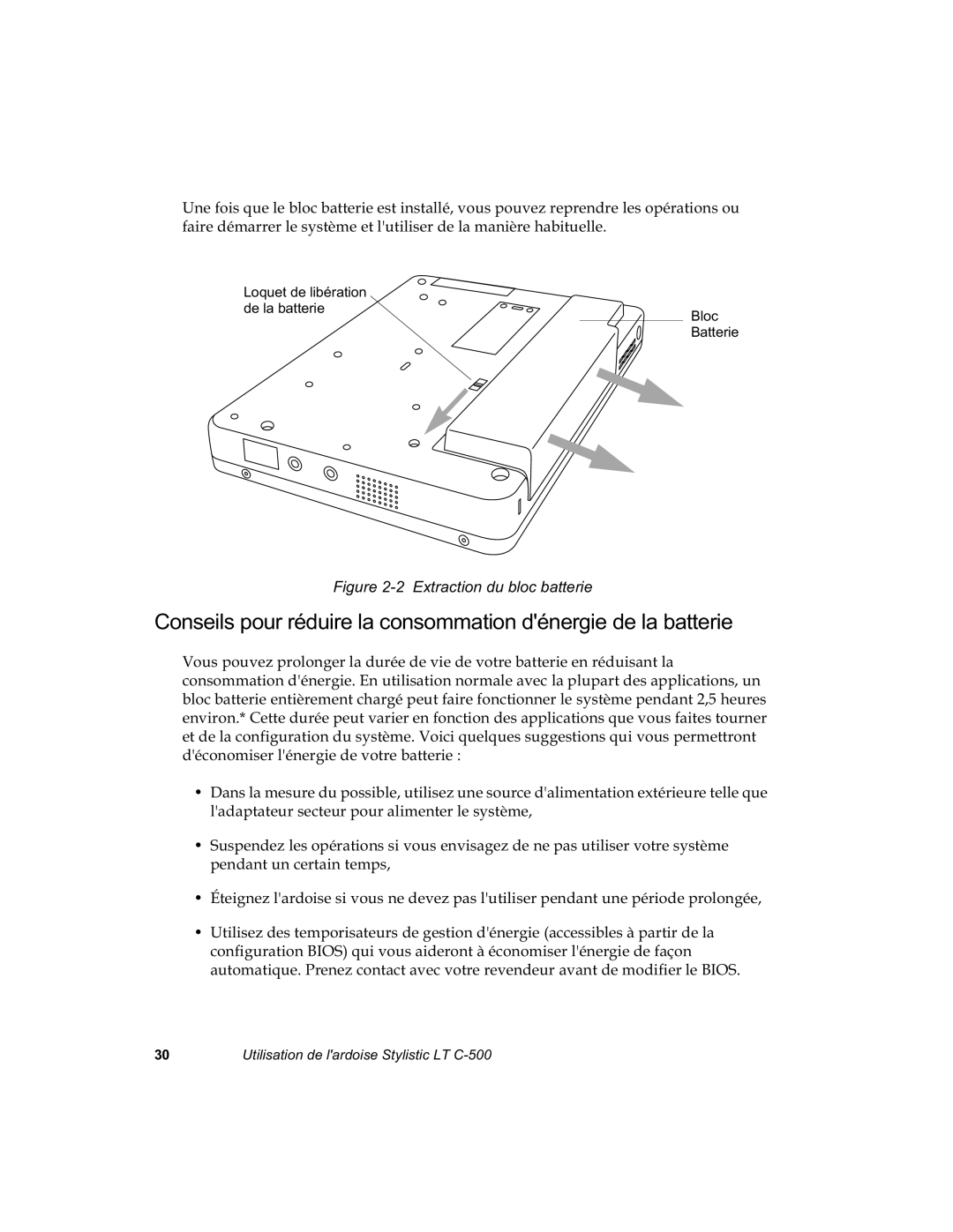 Fujitsu C-500 manual Ljxuh Wudfwlrqgxeorfedwwhulh, RQVHLOVSRXUUpGXLUHODFRQVRPPDWLRQGpQHUJLHGHODEDWWHULH, RTXHWGHOLEpUDWLRQ 