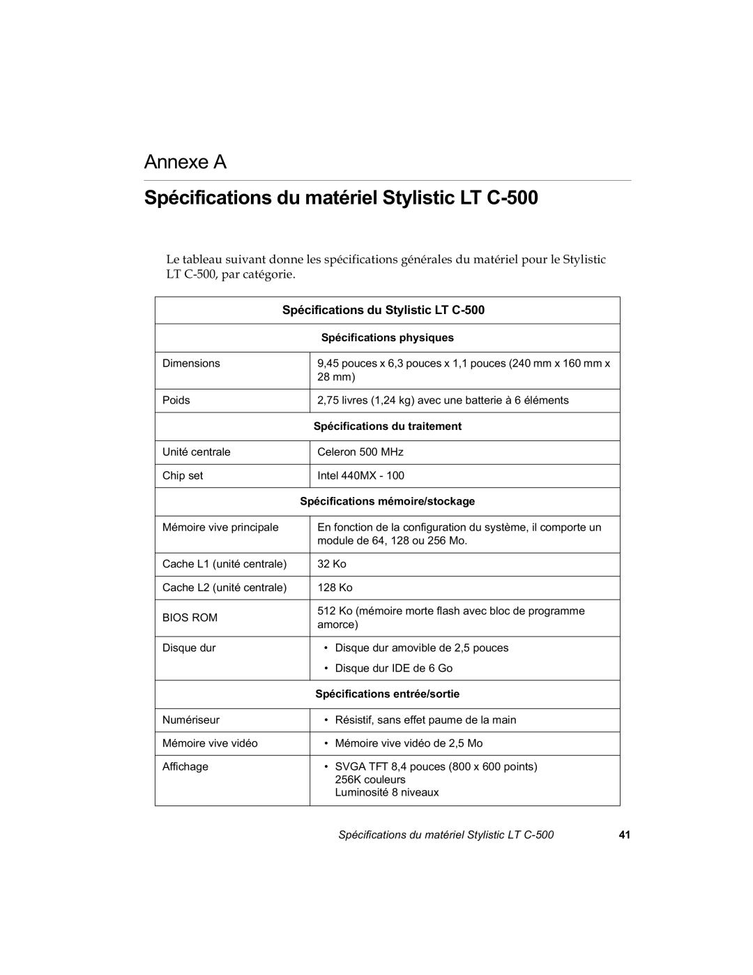 Fujitsu C-500 manual 6SpFLILFDWLRQVGX6W\OLVWLF/7 