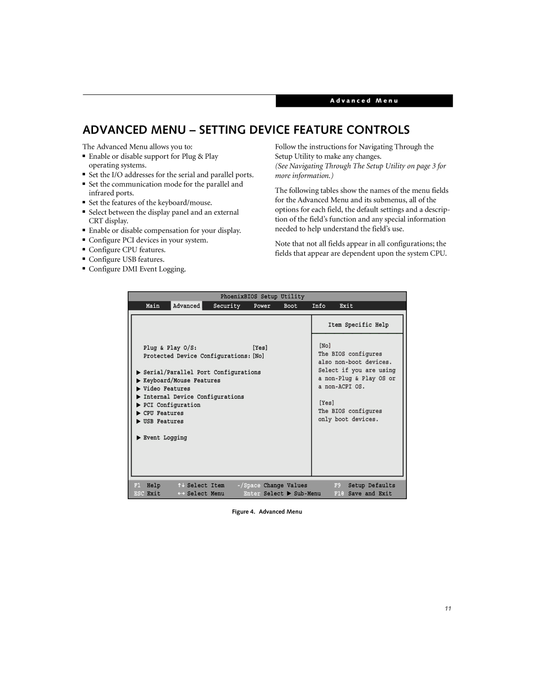 Fujitsu C-6591, C-6581 manual Advanced Menu Setting Device Feature Controls, Main, Security, Boot Info Exit 