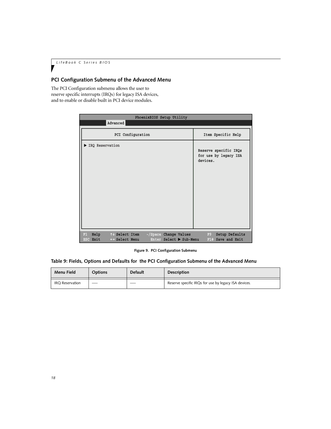 Fujitsu C-6581, C-6591 manual PCI Configuration Submenu of the Advanced Menu, Main Advanced Security Power Savings Exit 