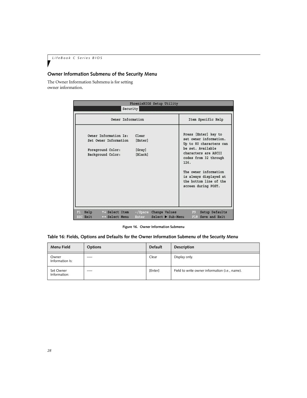 Fujitsu C-6581 Owner Information Submenu of the Security Menu, Owner Information Submenu is for setting owner information 