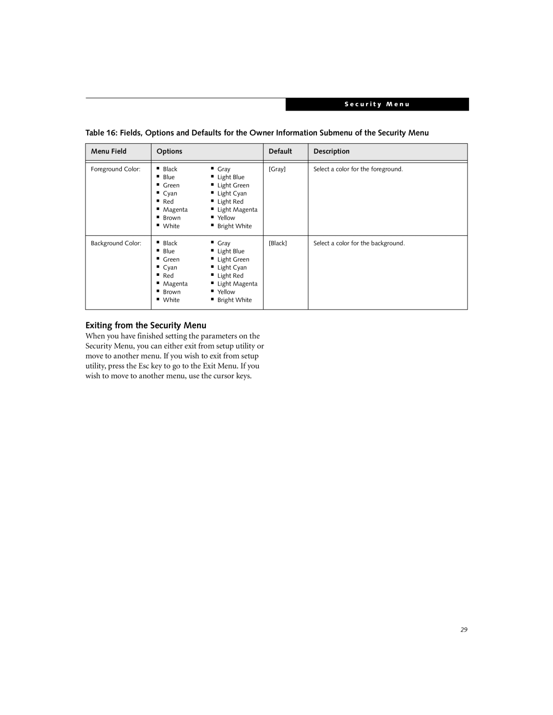 Fujitsu C-6591, C-6581 manual Exiting from the Security Menu 