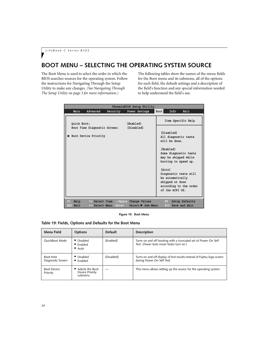 Fujitsu C-6581 Boot Menu Selecting the Operating System Source, Fields, Options and Defaults for the Boot Menu, Info Exit 