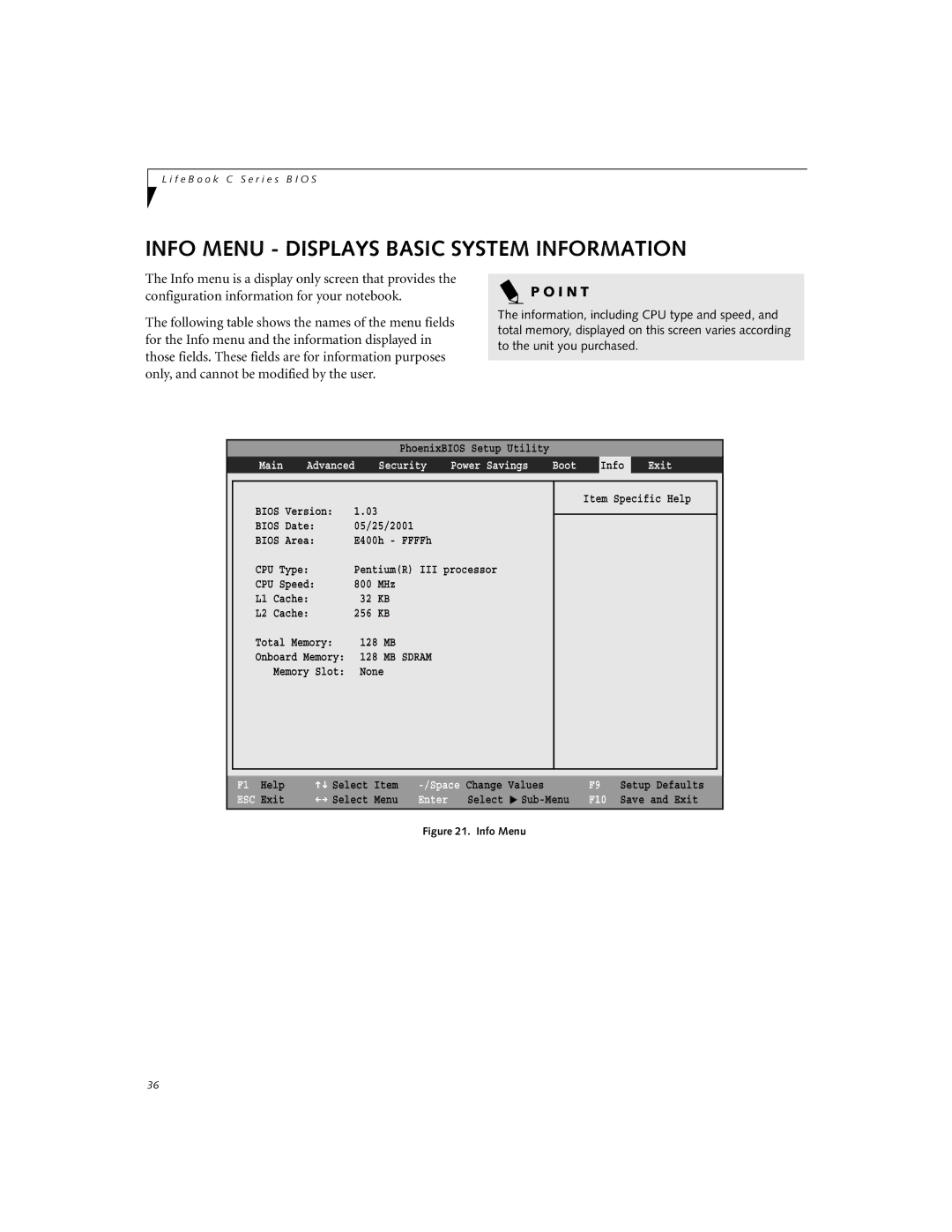 Fujitsu C-6581, C-6591 manual Info Menu Displays Basic System Information, MB Sdram 