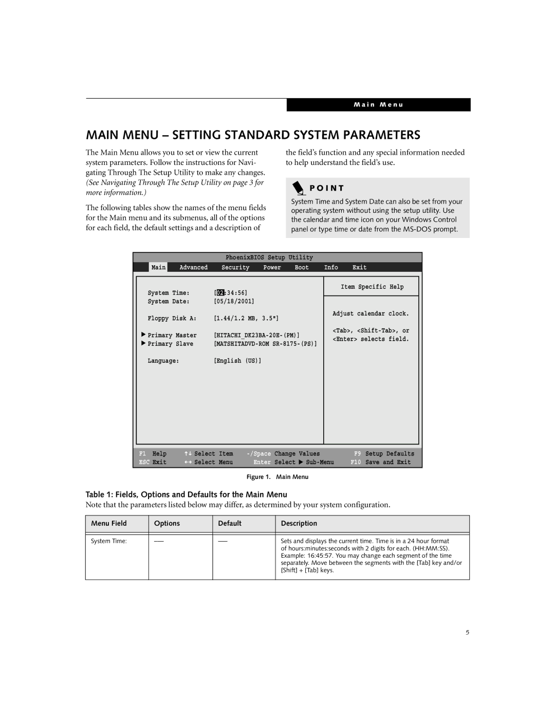 Fujitsu C-6591 Main Menu Setting Standard System Parameters, Fields, Options and Defaults for the Main Menu, ESC Exit 