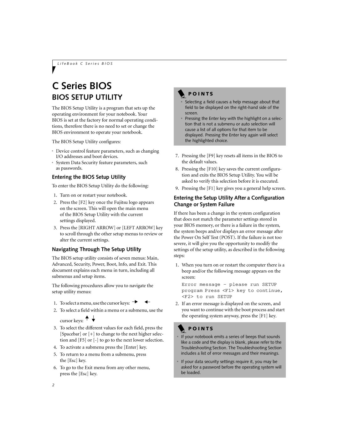 Fujitsu C-7651, C-6651, C-7661 manual Entering the Bios Setup Utility, Navigating Through The Setup Utility 